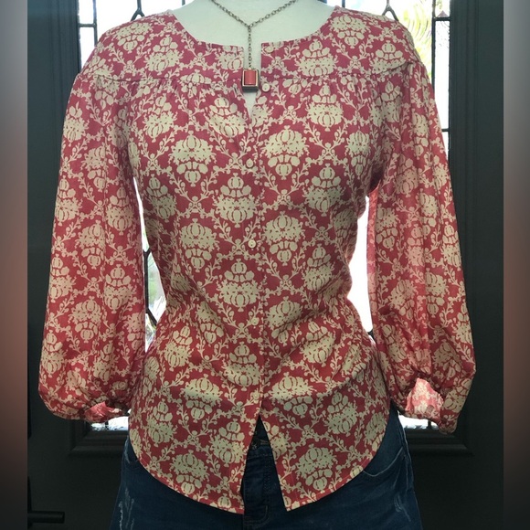 Ann Taylor LOFT Pink Ivory Damask Floral Long Sleeve Button Front Blouse - Picture 2 of 8